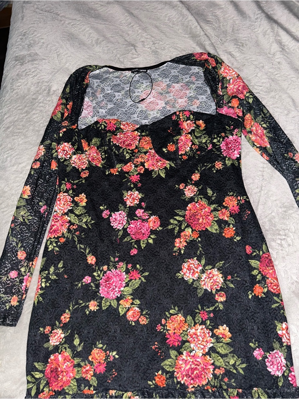 Fashion Nova Black Lace Floral Long-Sleeve Bodycon Dress